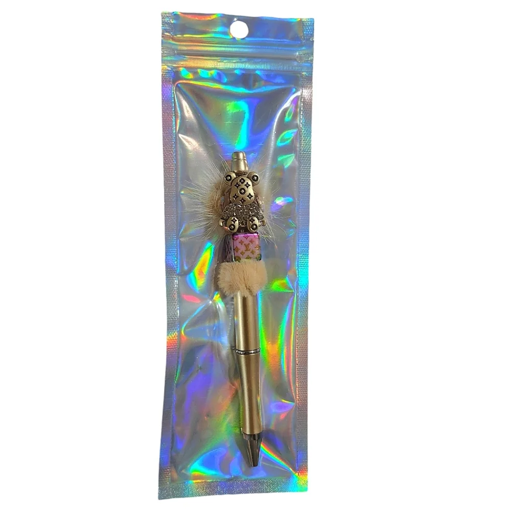 Fashion Fancy Bear Fur Beaded Ballpoint Twist Pen Metallic Gold Topper